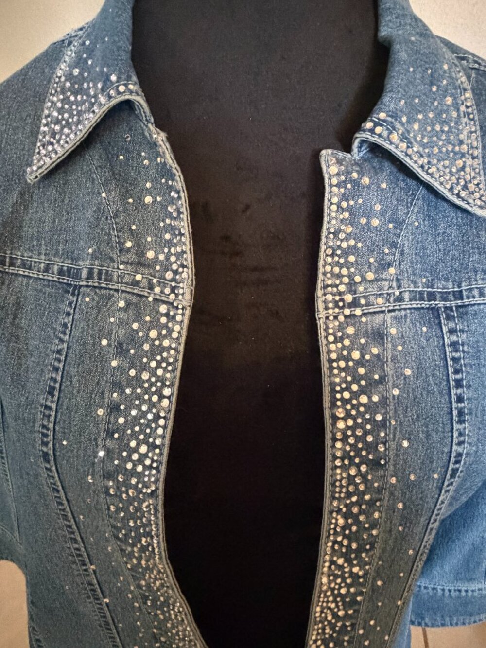 Simply Barbra Rhinestone Denim Jacket Western Bling 3/4 Sleeve (S)